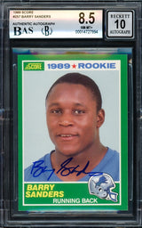 Barry Sanders Autographed 1989 Score Rookie Card #257 Detroit Lions BGS 8.5 Auto Grade Gem Mint 10 Beckett BAS Stock #209308