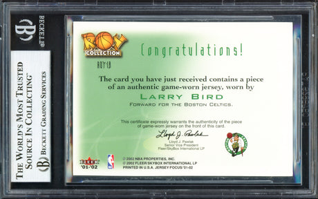 Larry Bird Autographed 2001-02 Fleer Focus ROY Jersey Card #10 Boston Celtics Game Used Patch (Smudged) Beckett BAS Witness #16868903