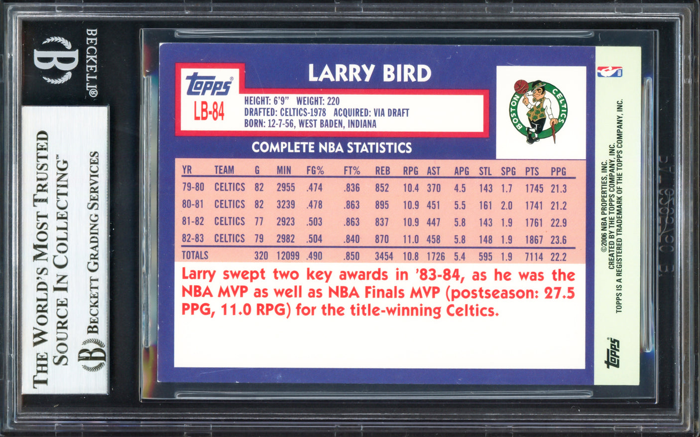 Larry Bird Autographed 2006-07 Topps The Missing Years Card #LB84 Boston Celtics Beckett BAS Witness #16868466