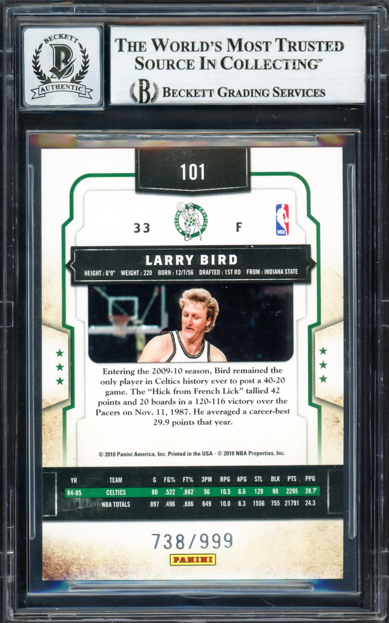 Larry Bird Autographed 2009-10 Panini Classics Card #101 Boston Celtics Auto Grade Gem Mint 10 #738/999 Beckett BAS Witness #16862776