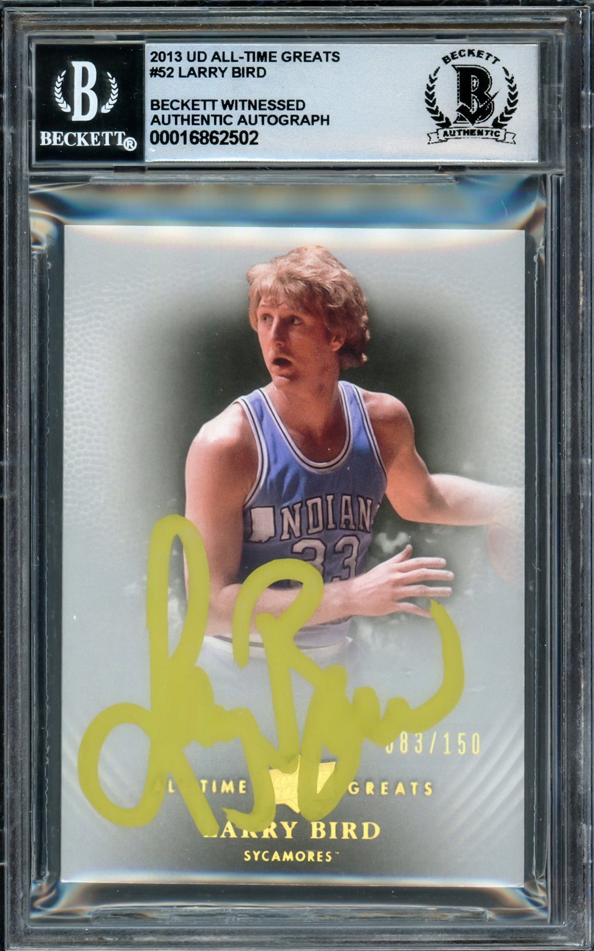 Larry Bird Autographed 2013 Upper Deck All-Time Greats Card #52 Boston Celtics Auto Grade Gem Mint 10 #083/150 Beckett BAS Witness #16862502