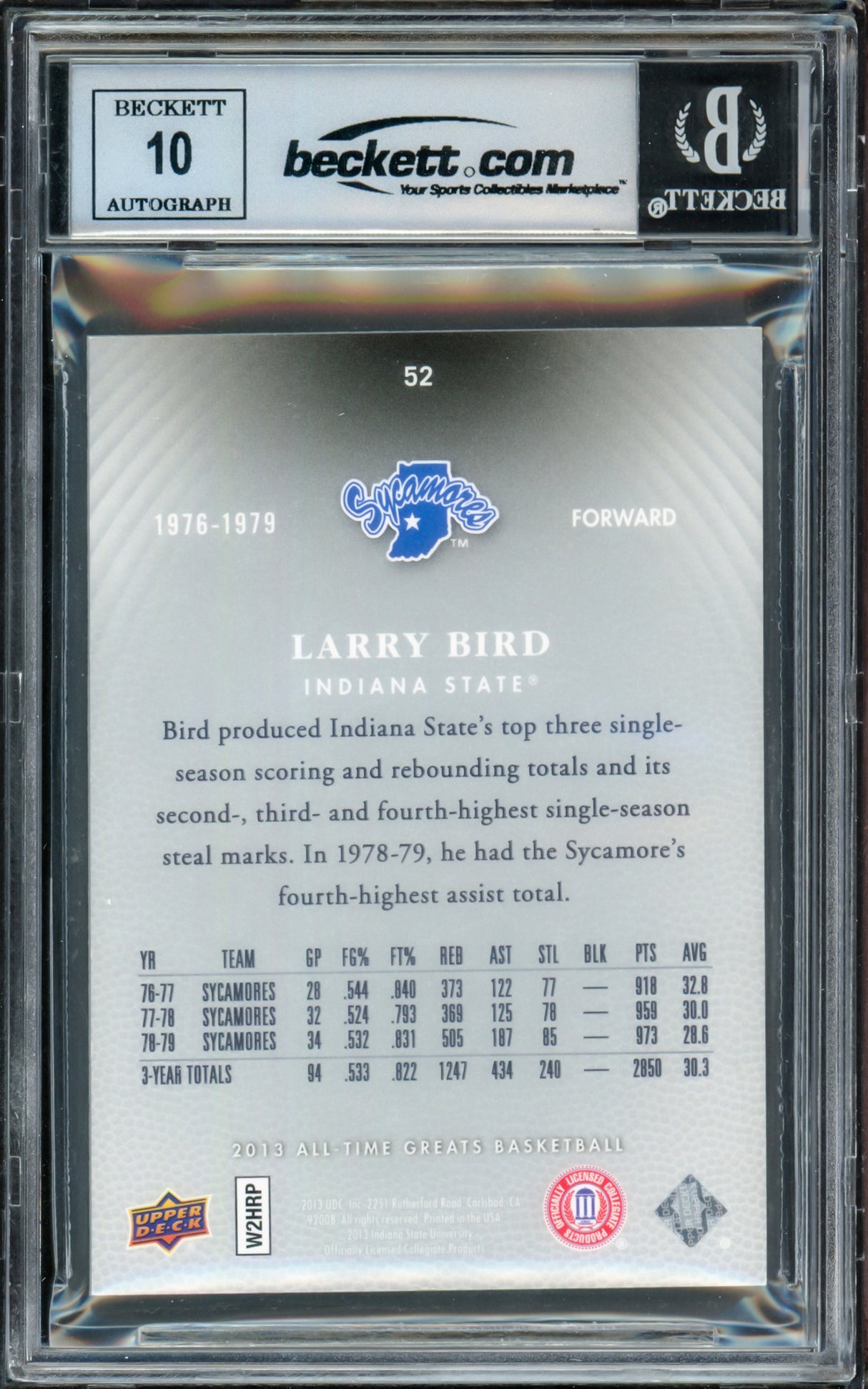 Larry Bird Autographed 2013 Upper Deck All-Time Greats Card #52 Boston Celtics Auto Grade Gem Mint 10 #083/150 Beckett BAS Witness #16862502