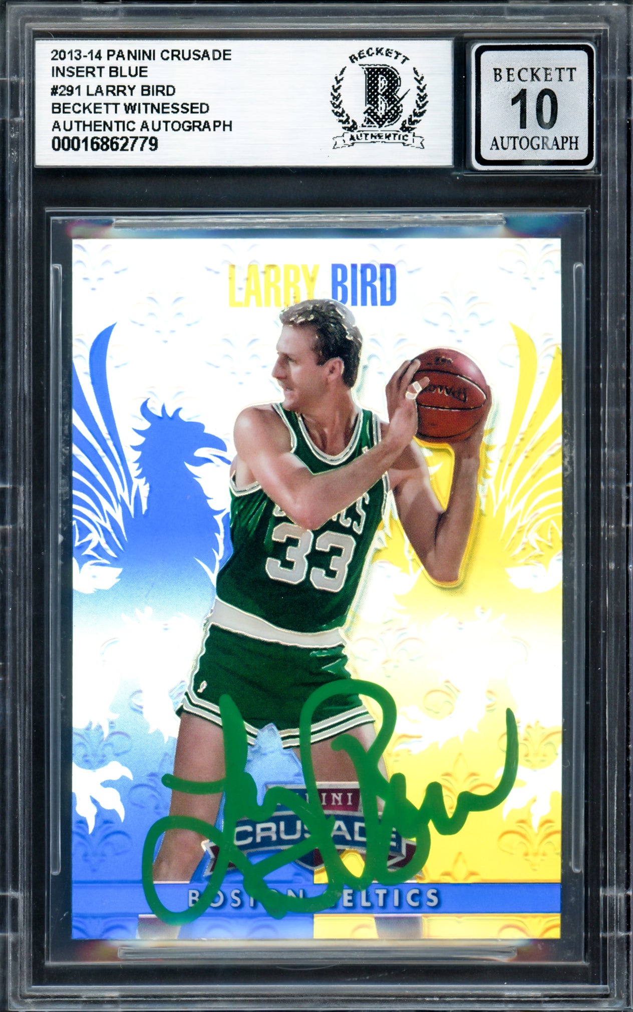 Larry Bird Autographed 2013-14 Panini Crusade Insert Blue Card #291 Boston Celtics Auto Grade Gem Mint 10 Beckett BAS Witness #16862779