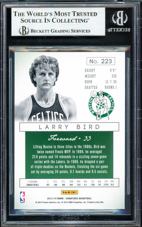 Larry Bird Autographed 2013-14 Panini Signatures Blue Card #223 Boston Celtics Auto Grade Gem Mint 10 #06/10 Beckett BAS Witness #16868469