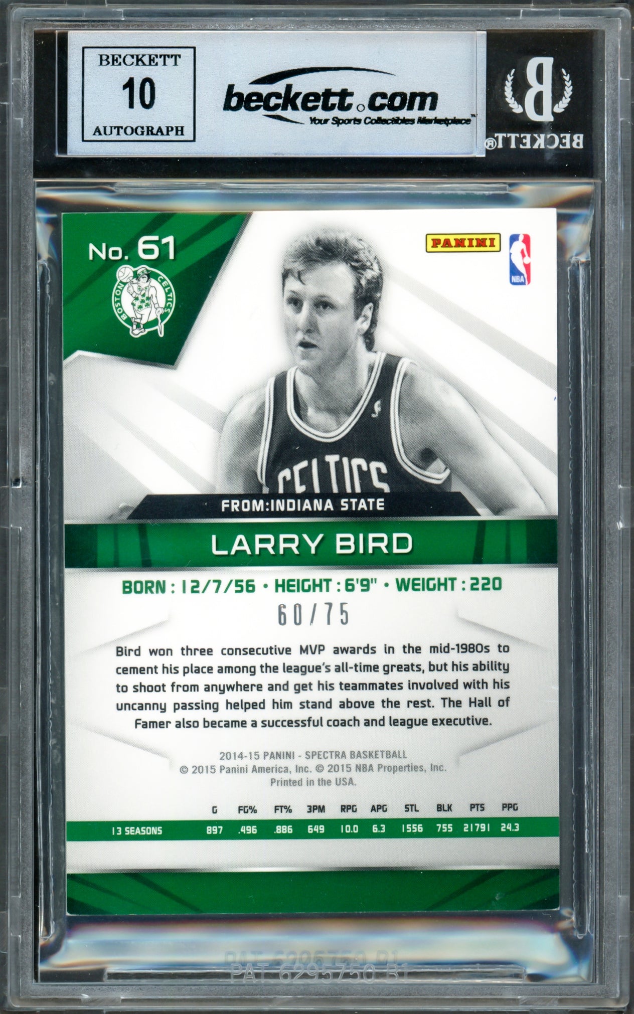 Larry Bird Autographed 2014-15 Panini Spectra Card #61 Boston Celtics Auto Grade Gem Mint 10 #60/75 Beckett BAS Witness #16862980