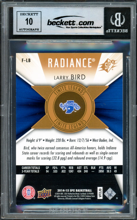 Larry Bird Autographed 2014-15 SPX Finite Legends Radiance Card #FLB Boston Celtics Auto Grade Gem Mint 10 #24/99 Beckett BAS Witness #16862767