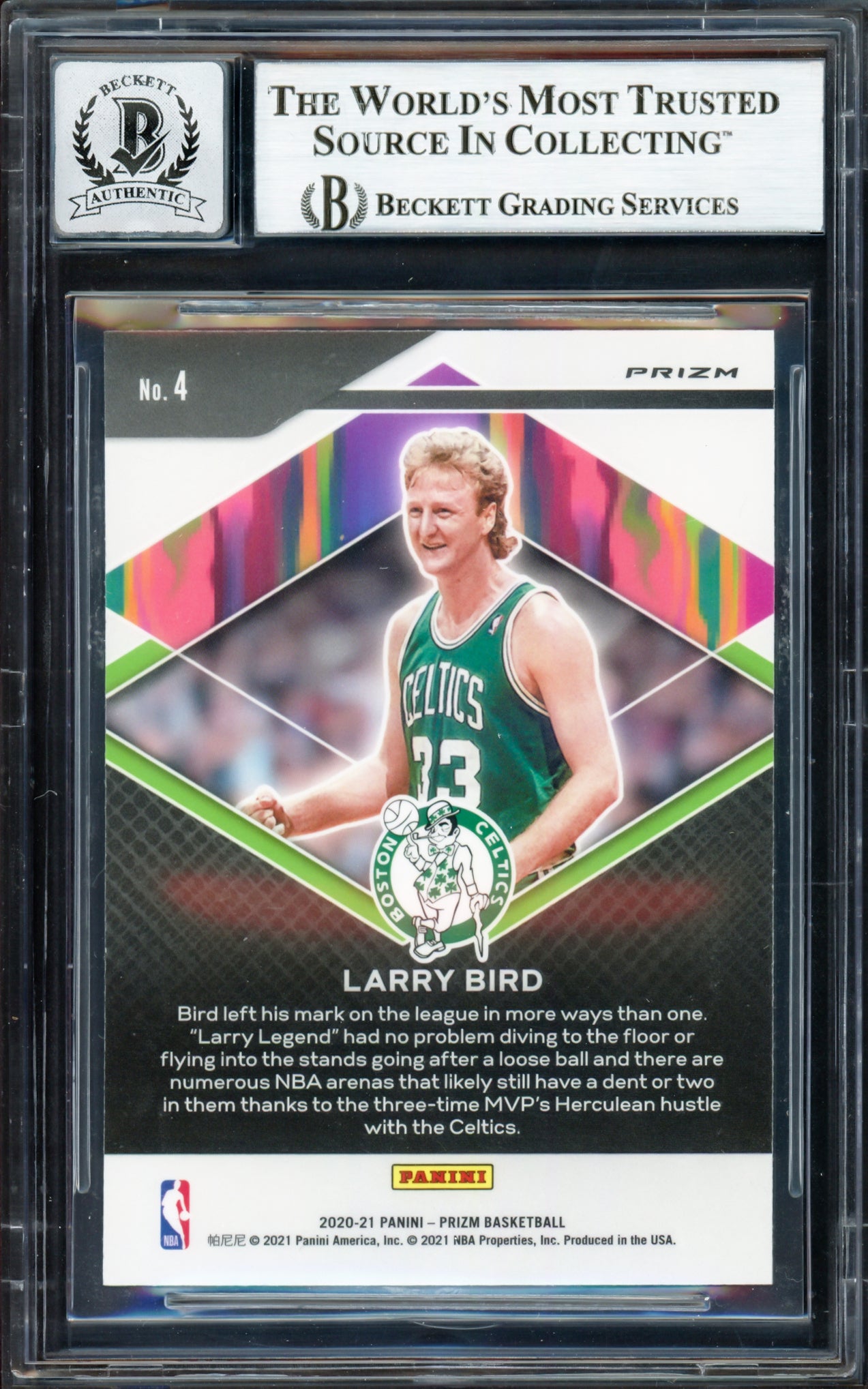 Larry Bird Autographed 2020-21 Panini Prizm Fearless Prizms Silver Card #4 Boston Celtics Auto Grade Gem Mint 10 Beckett BAS Witness #16862982