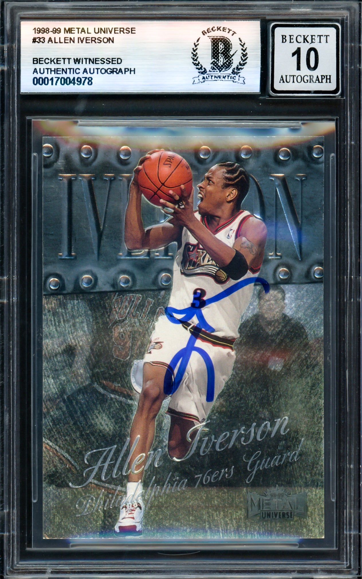 Allen Iverson Autographed 1998-99 Metal Universe Card #33 Philadelphia 76ers Auto Grade Gem Mint 10 Beckett BAS Witness #17004978