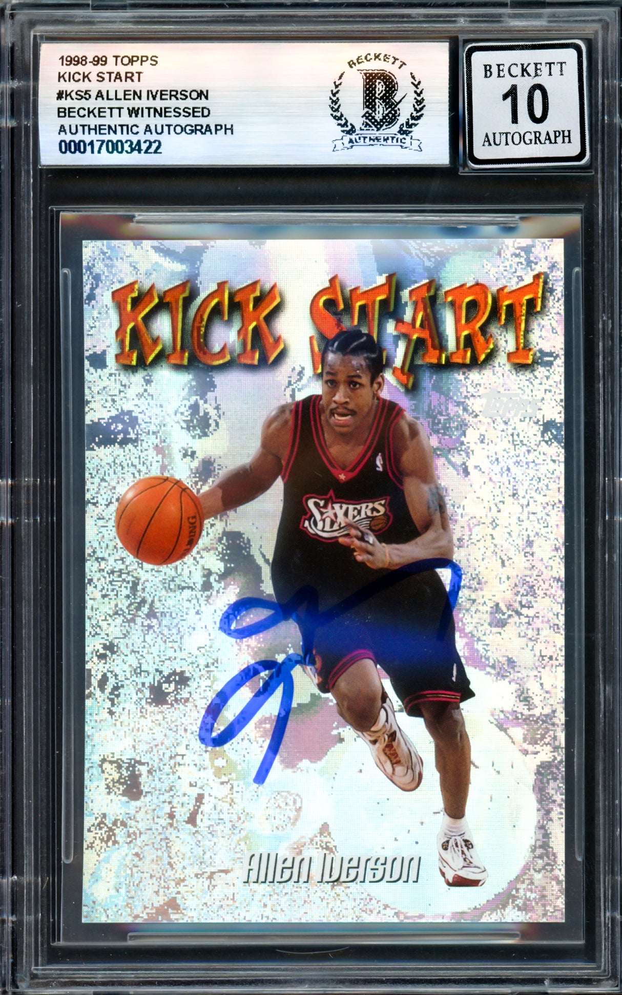 Allen Iverson Autographed 1998-99 Topps Kick Start Card #KS5 Philadelphia 76ers Auto Grade Gem Mint 10 Beckett BAS Witness #17003422