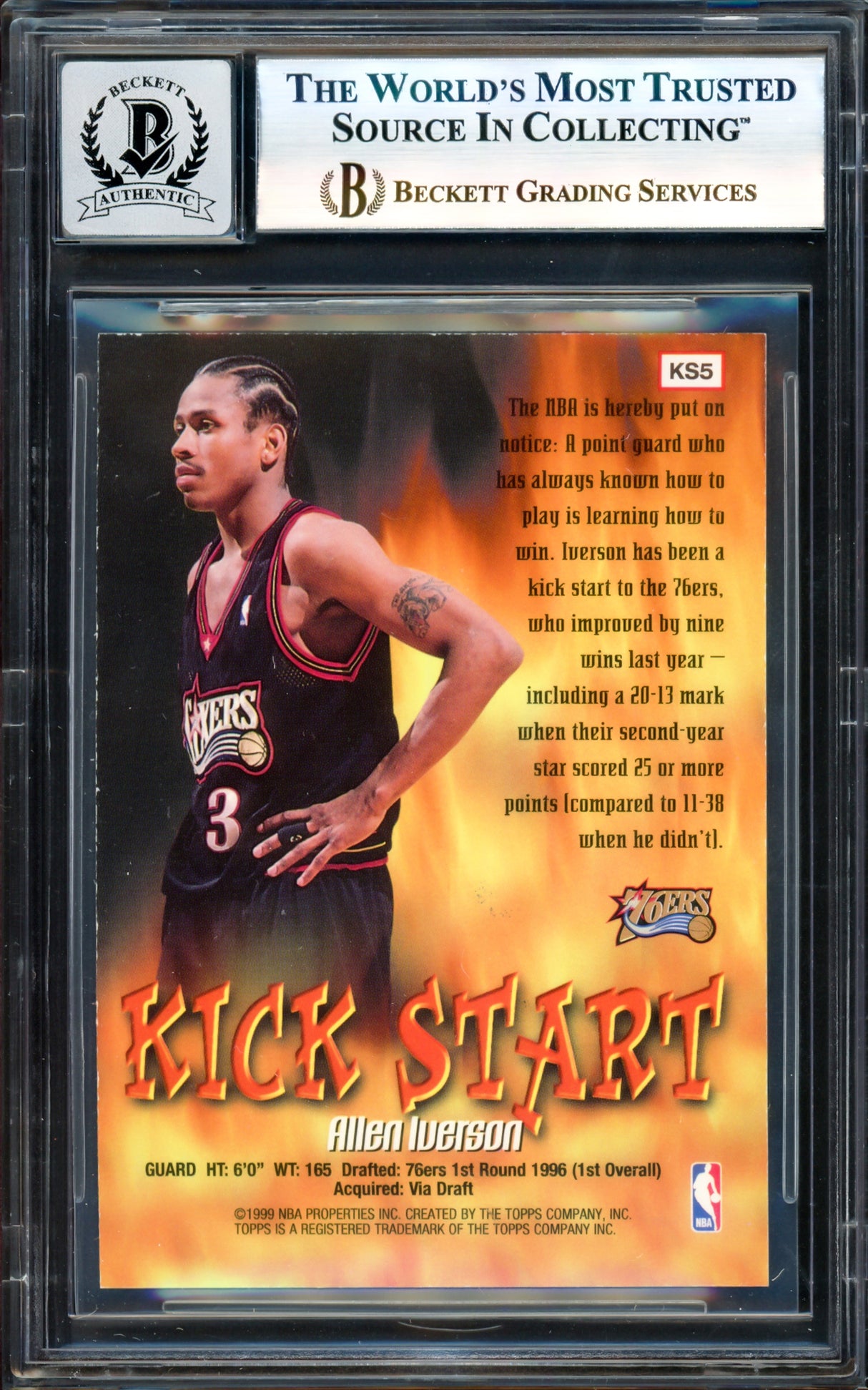 Allen Iverson Autographed 1998-99 Topps Kick Start Card #KS5 Philadelphia 76ers Auto Grade Gem Mint 10 Beckett BAS Witness #17003422