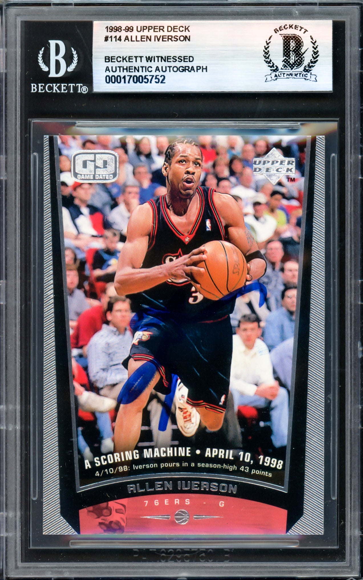 Allen Iverson Autographed 1998-99 Upper Deck Card #114 Philadelphia 76ers Beckett BAS Witness #17005752