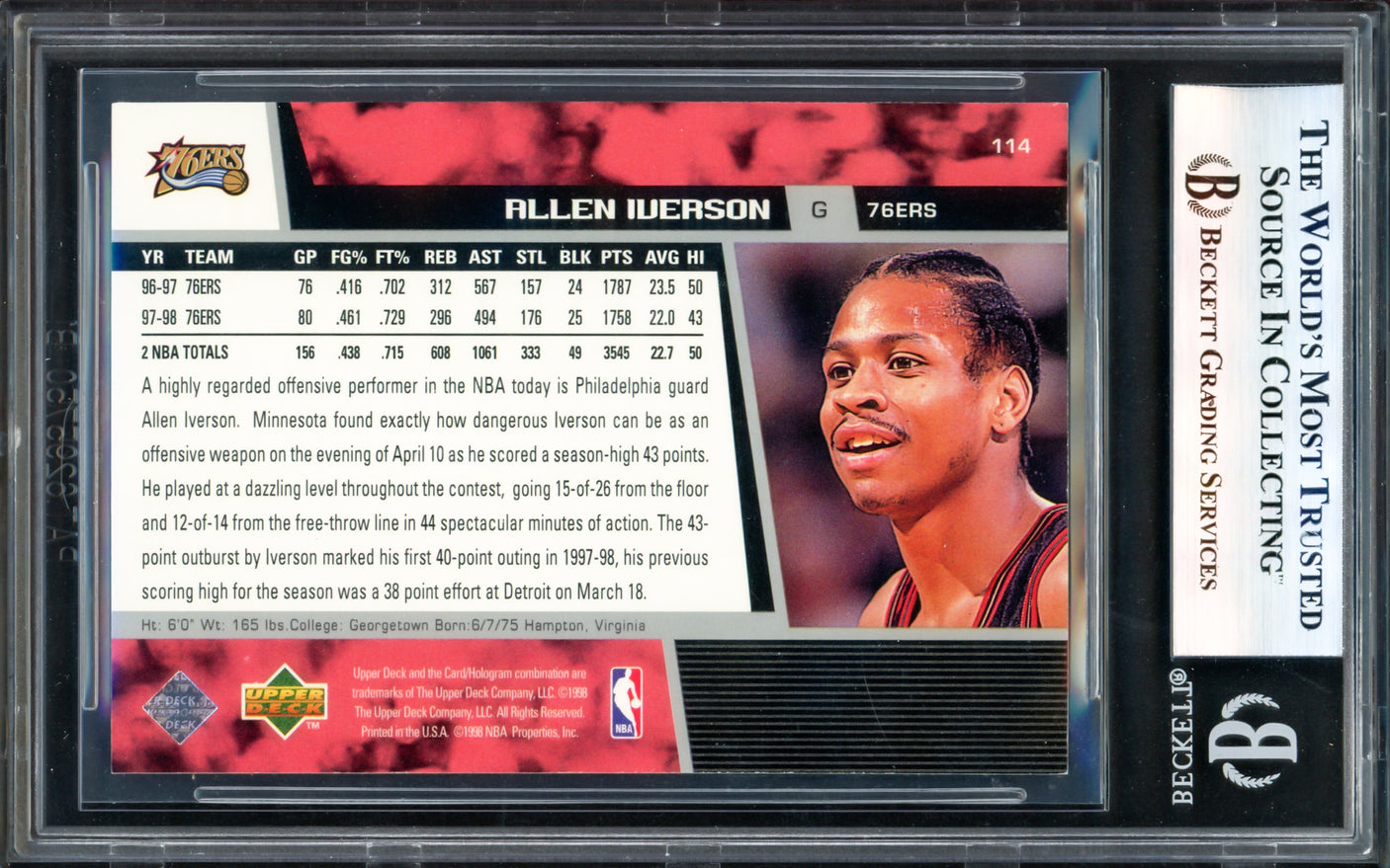 Allen Iverson Autographed 1998-99 Upper Deck Card #114 Philadelphia 76ers Beckett BAS Witness #17005752