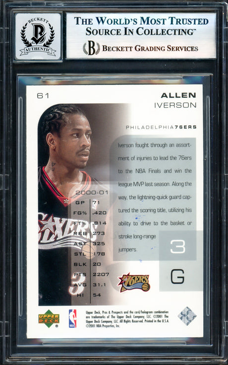 Allen Iverson Autographed 2001-02 Upper Deck Hardcourt Card #61 Philadelphia 76ers Auto Grade Gem Mint 10 Beckett BAS Witness #17003767