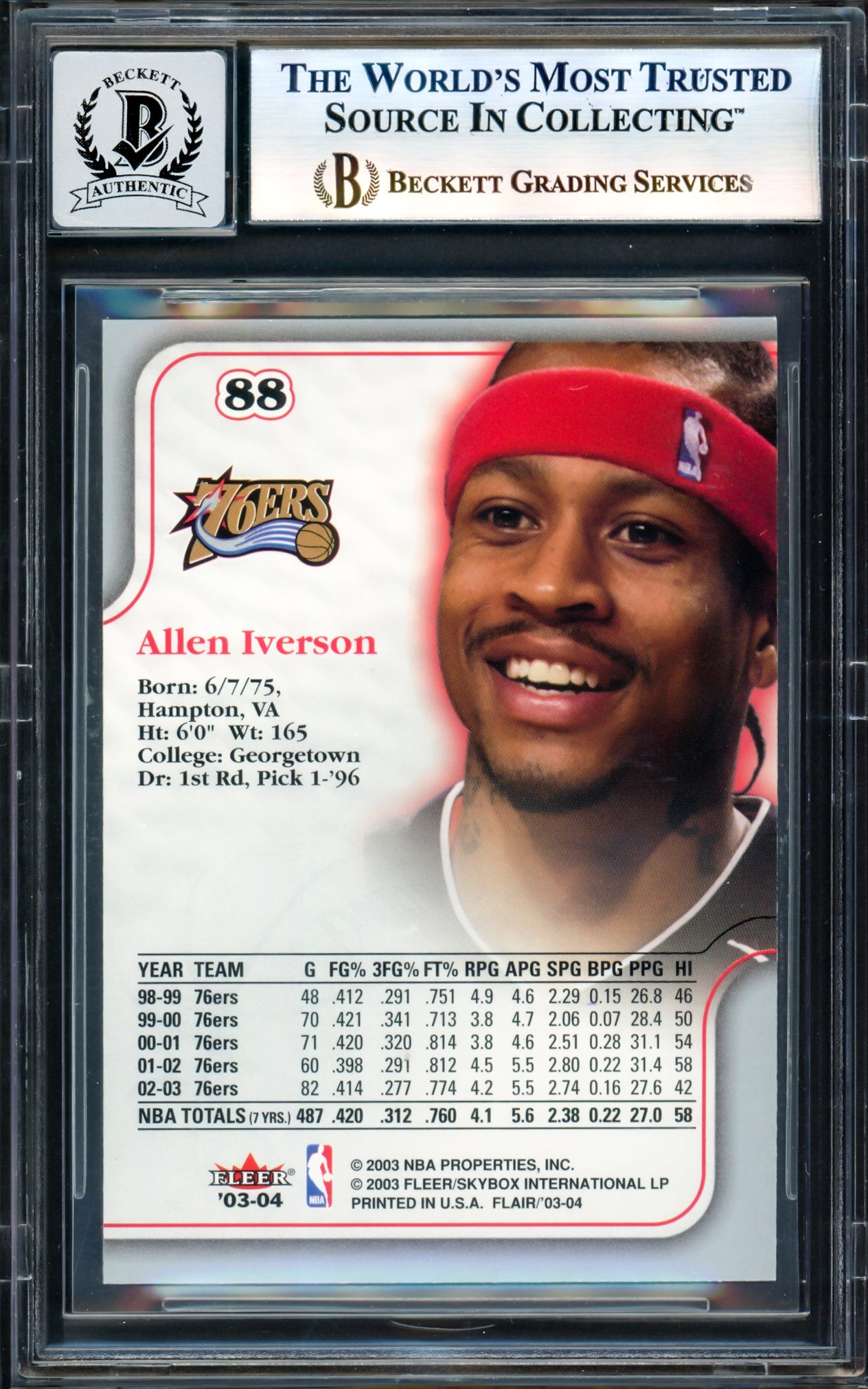 Allen Iverson Autographed 2003-04 Flair Card #88 Philadelphia 76ers Auto Grade Gem Mint 10 Beckett BAS Witness #17003757