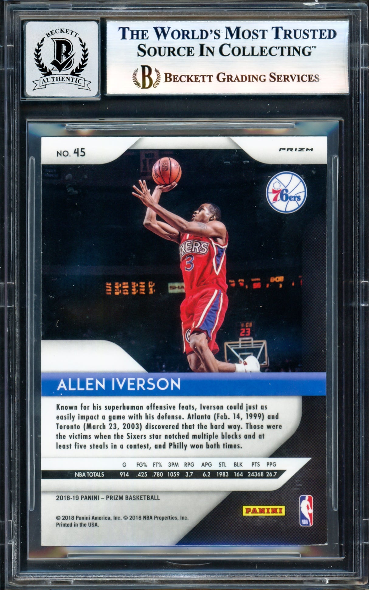 Allen Iverson Autographed 2018-19 Panini Prizm Prizms Green Card #45 Philadelphia 76ers Auto Grade Gem Mint 10 Beckett BAS Witness #17003949