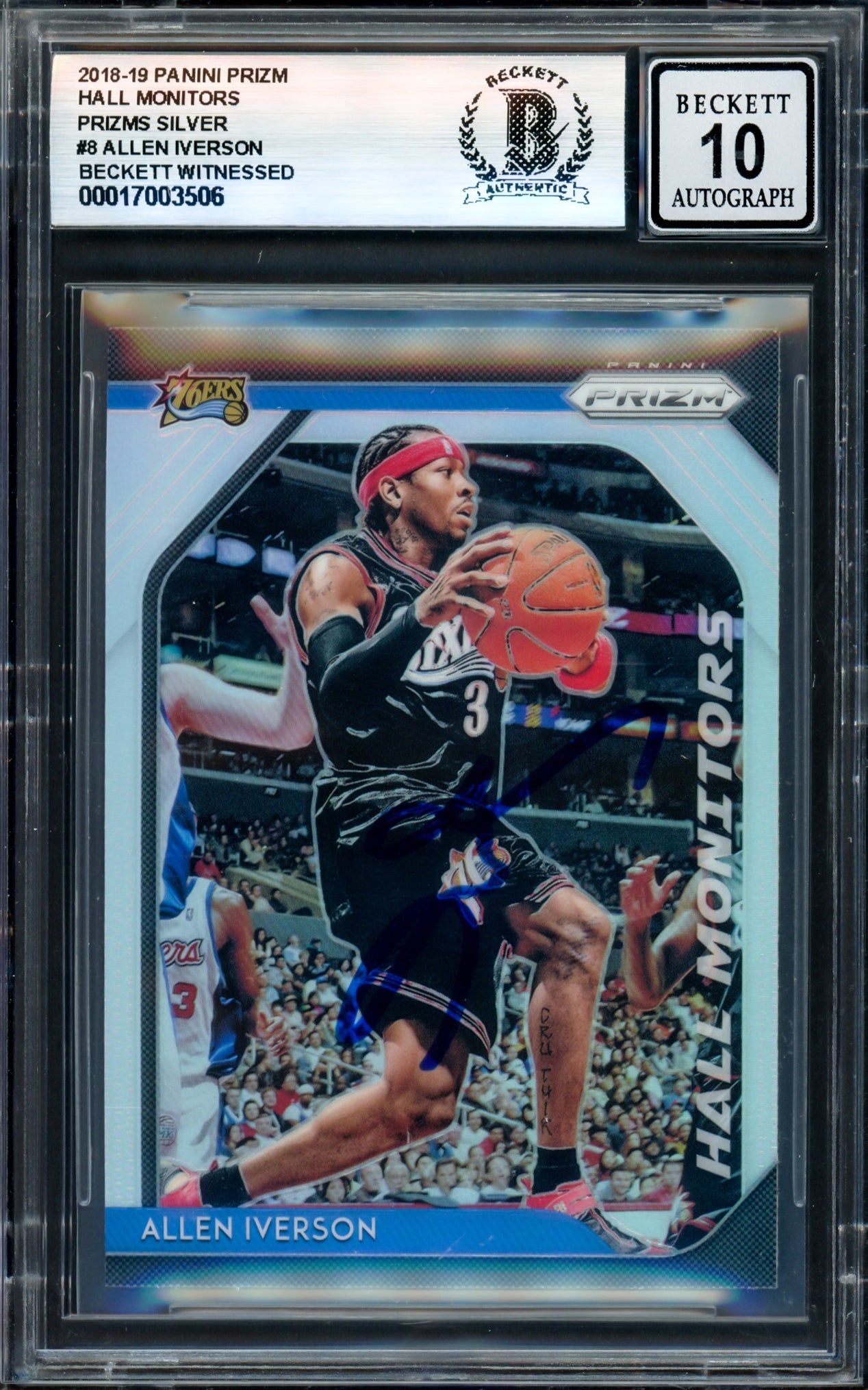 Allen Iverson Autographed 2018-19 Panini Prizm Hall Monitors Prizms Silver Card #8 Philadelphia 76ers Auto Grade Gem Mint 10 Beckett BAS Witness #17003506