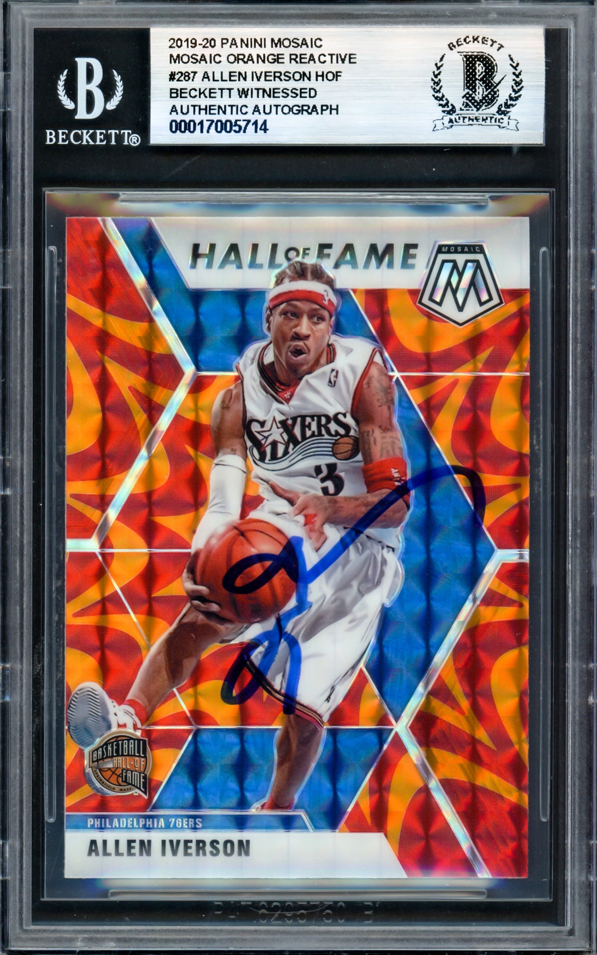 Allen Iverson Autographed 2019-20 Panini Mosaic Orange Reaction Card #287 Philadelphia 76ers Beckett BAS Witness #17005714