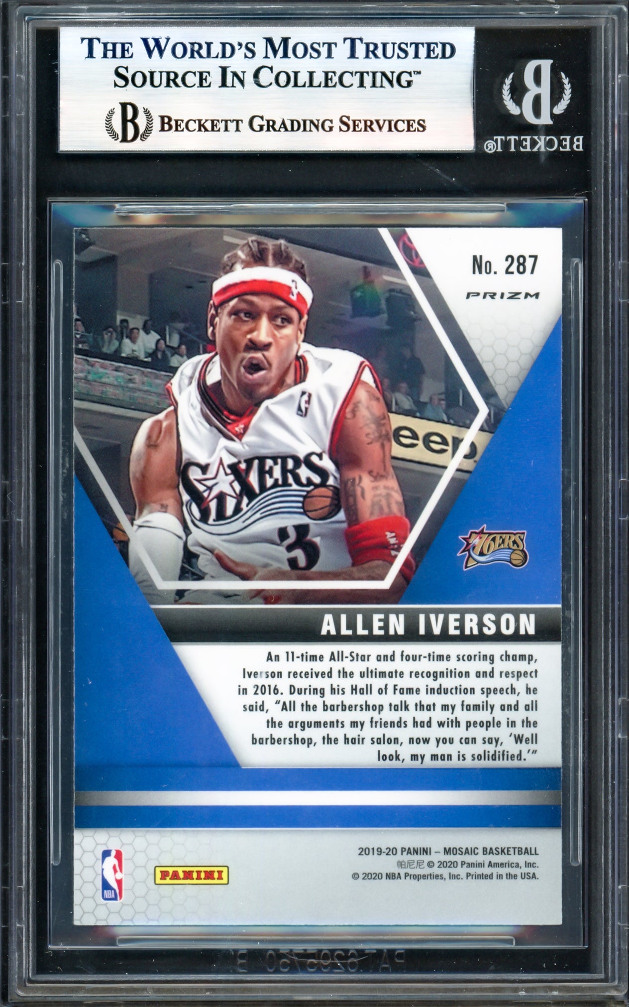 Allen Iverson Autographed 2019-20 Panini Mosaic Orange Reaction Card #287 Philadelphia 76ers Beckett BAS Witness #17005714