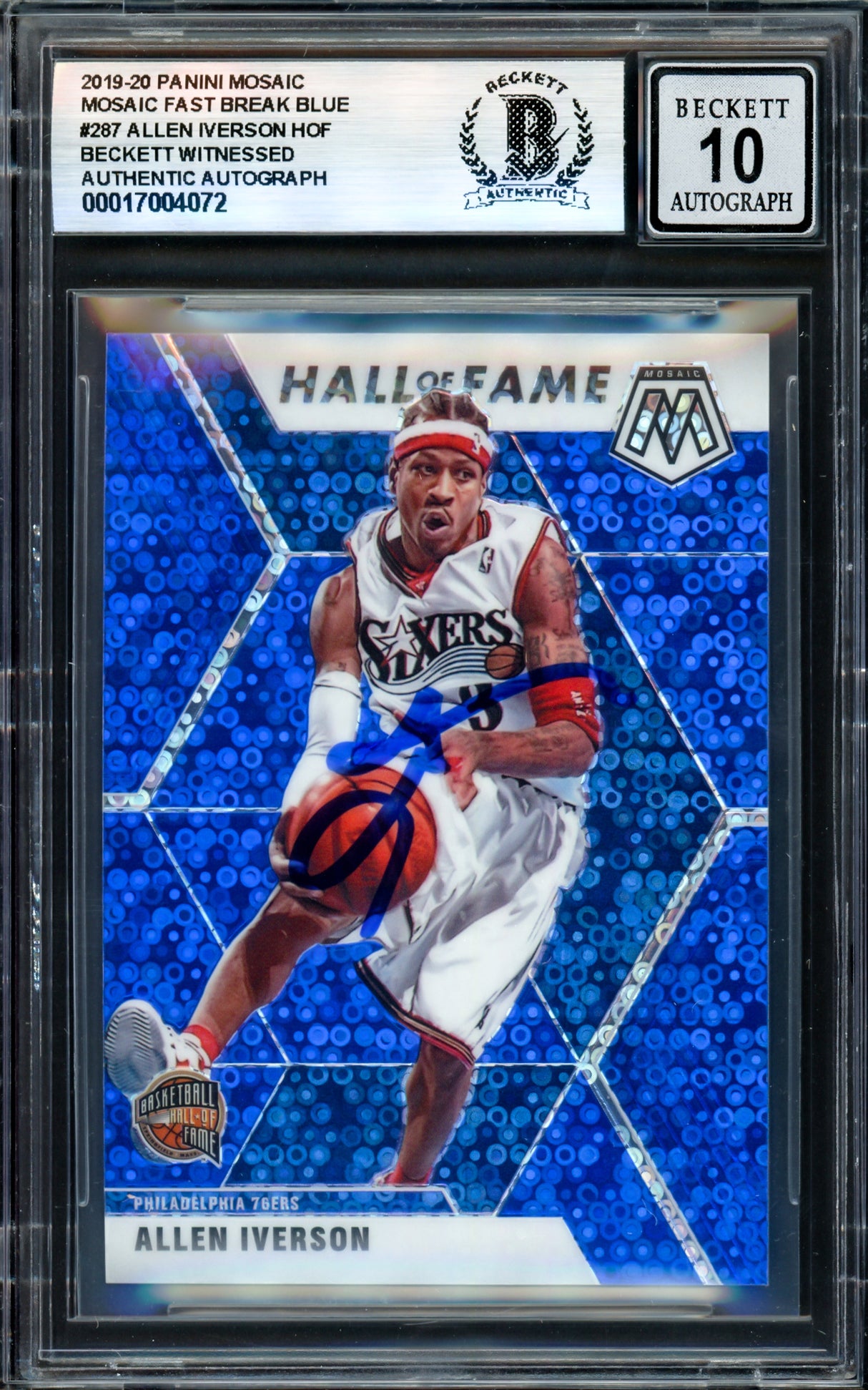 Allen Iverson Autographed 2019-20 Panini Mosaic Fast Break Blue Card #287 Philadelphia 76ers Auto Grade Gem Mint 10 #22/85 Beckett BAS Witness #17004072