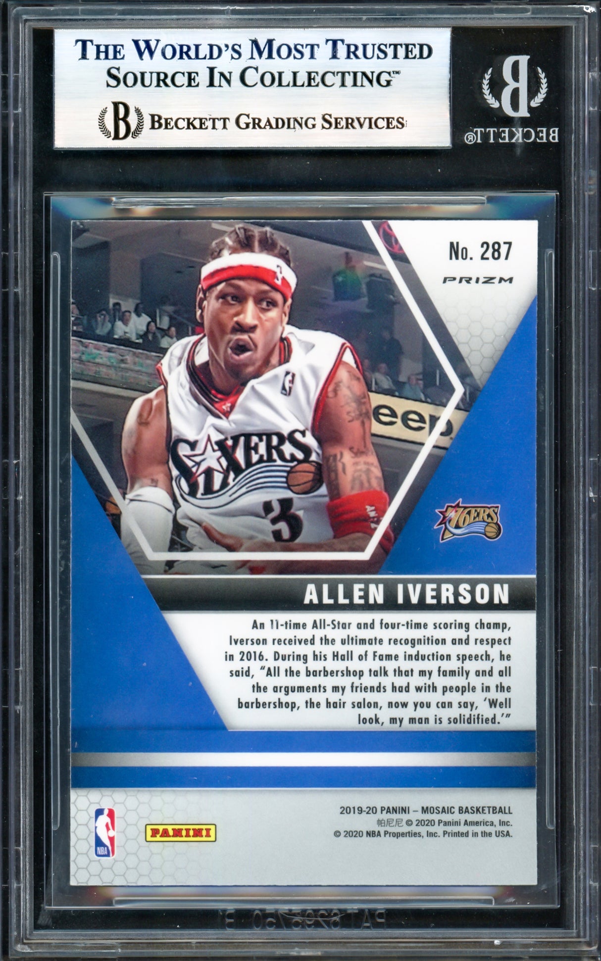 Allen Iverson Autographed 2019-20 Panini Mosaic Silver Card #287 Philadelphia 76ers Beckett BAS Witness #17005717