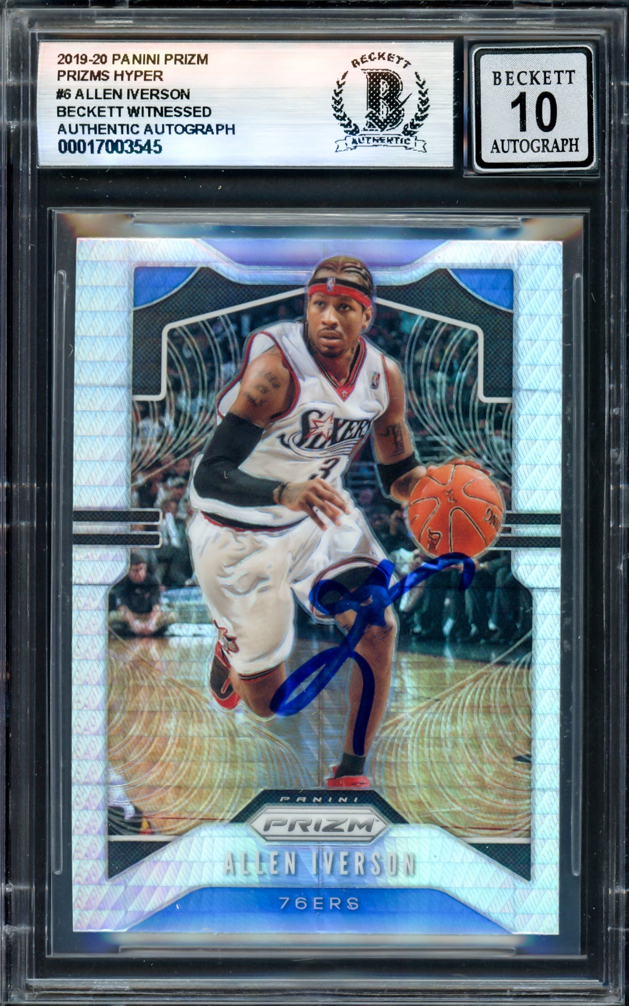 Allen Iverson Autographed 2019-20 Panini Prizm Prizms Hyper Card #6 Philadelphia 76ers Auto Grade Gem Mint 10 Beckett BAS Witness #17003545