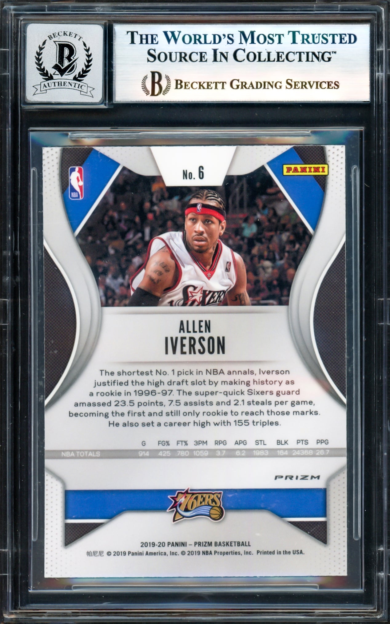 Allen Iverson Autographed 2019-20 Panini Prizm Prizms Hyper Card #6 Philadelphia 76ers Auto Grade Gem Mint 10 Beckett BAS Witness #17003545