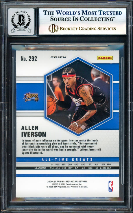 Allen Iverson Autographed 2020-21 Panini Mosaic Reactive Orange Card #292 Philadelphia 76ers Auto Grade Gem Mint 10 Beckett BAS Witness #17004031