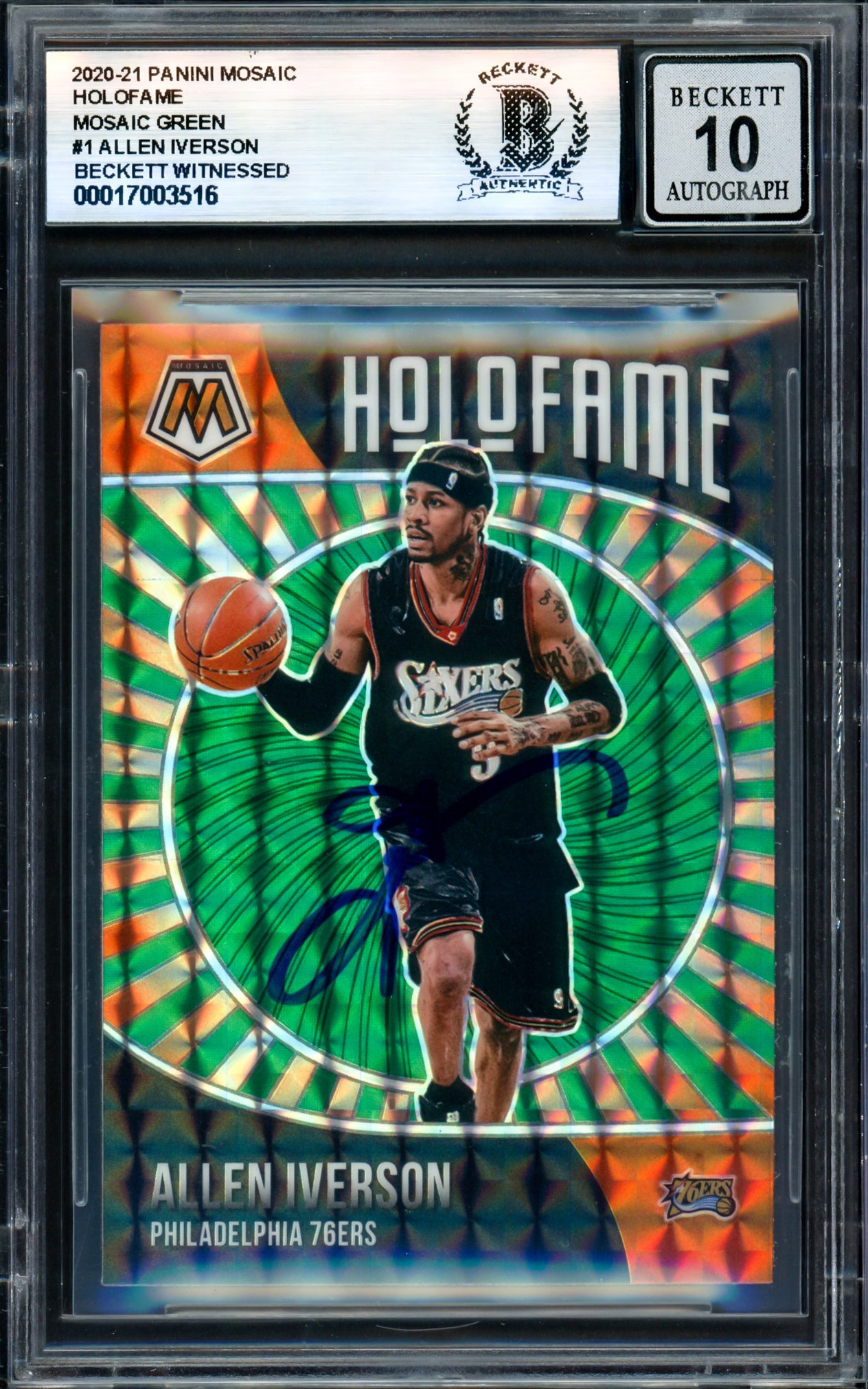 Allen Iverson Autographed 2020-21 Panini Mosaic Holofame Green Card #1 Philadelphia 76ers Auto Grade Gem Mint 10 Beckett BAS Witness #17003516