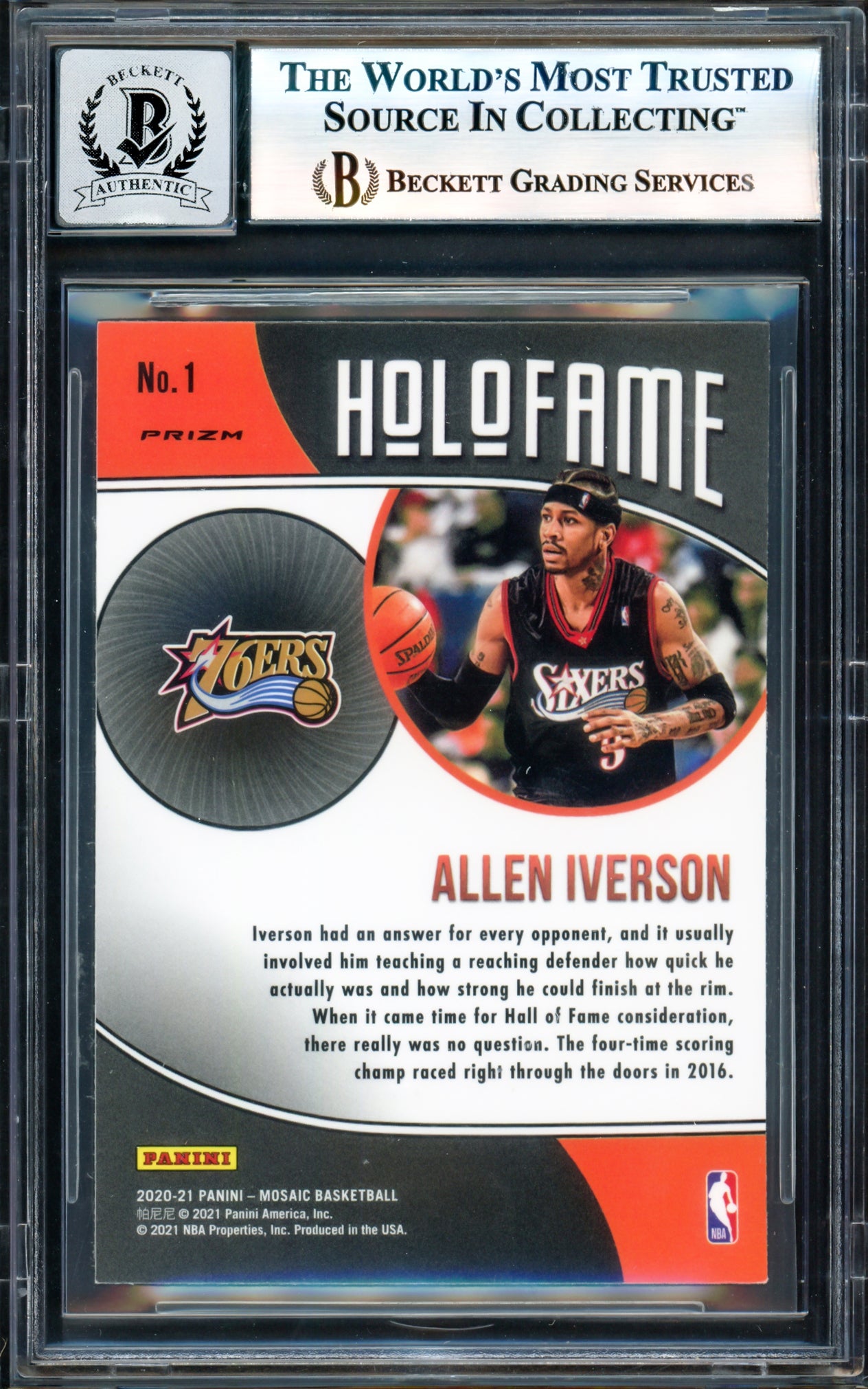 Allen Iverson Autographed 2020-21 Panini Mosaic Holofame Green Card #1 Philadelphia 76ers Auto Grade Gem Mint 10 Beckett BAS Witness #17003516