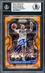 Allen Iverson Autographed 2020-21 Panini Prizm Prizms Orange Ice Card #19 Philadelphia 76ers Beckett BAS Witness #17005678