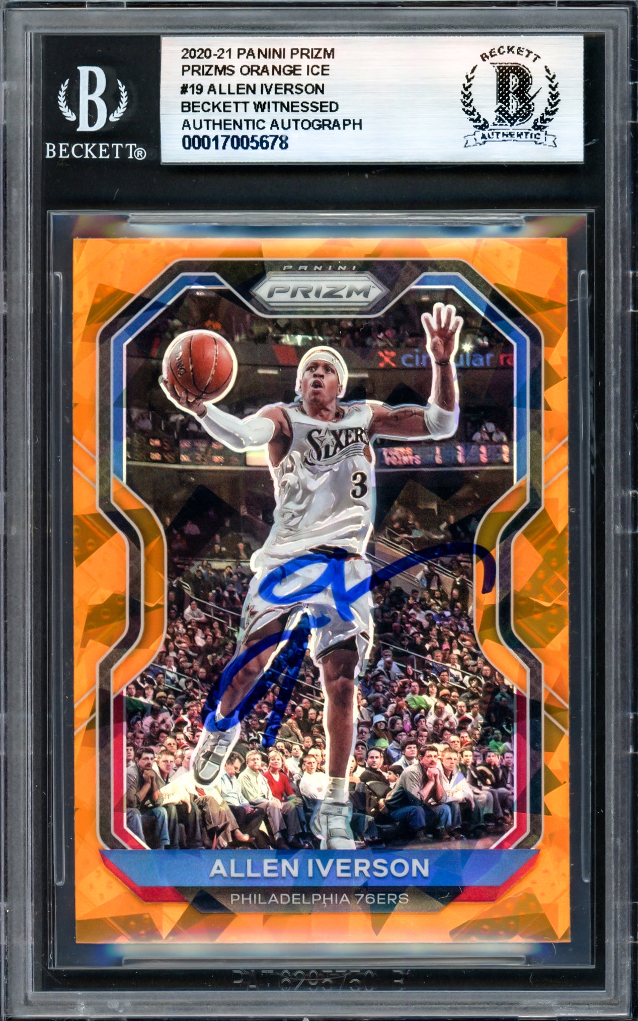 Allen Iverson Autographed 2020-21 Panini Prizm Prizms Orange Ice Card #19 Philadelphia 76ers Beckett BAS Witness #17005678