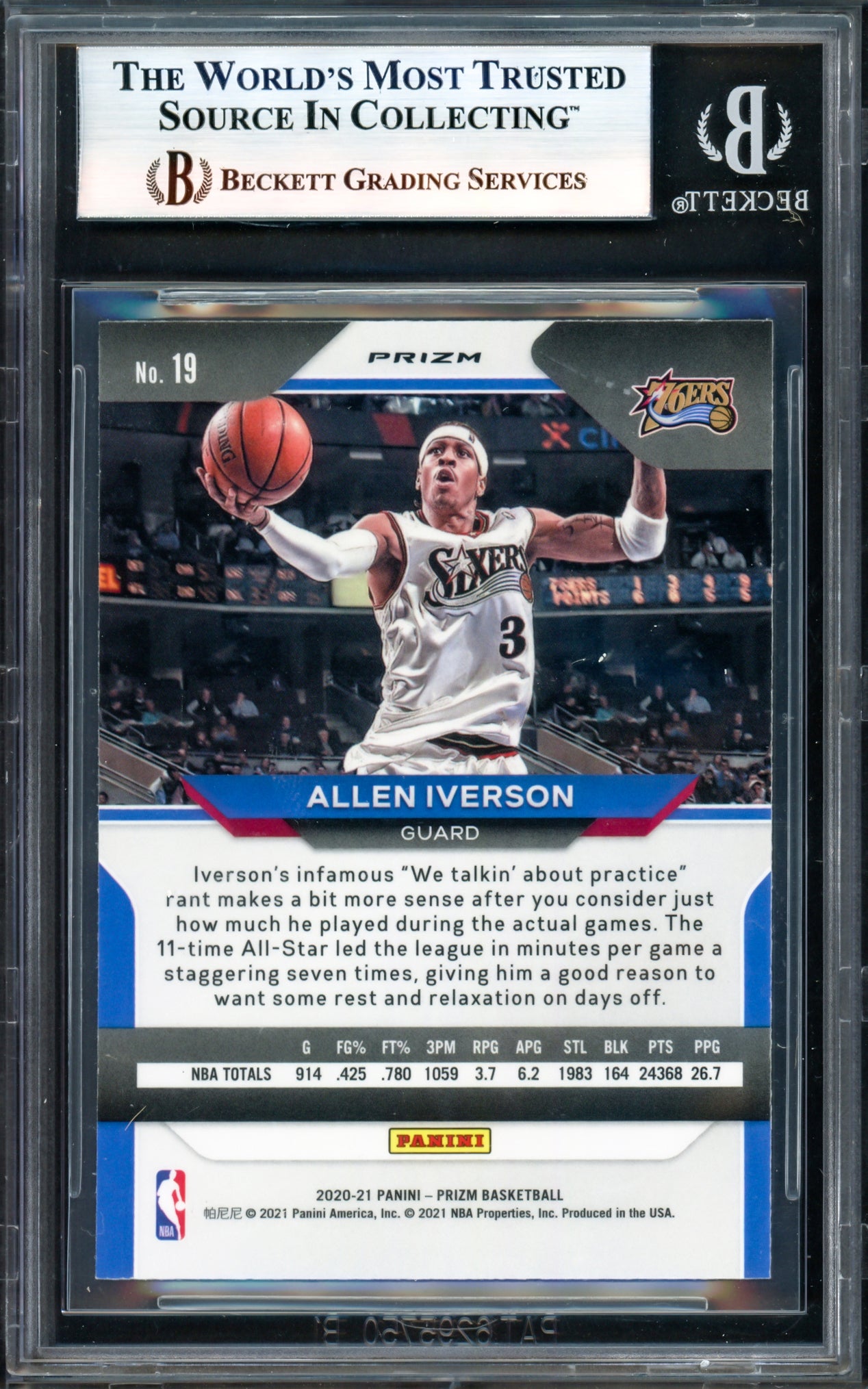 Allen Iverson Autographed 2020-21 Panini Prizm Prizms Orange Ice Card #19 Philadelphia 76ers Beckett BAS Witness #17005678