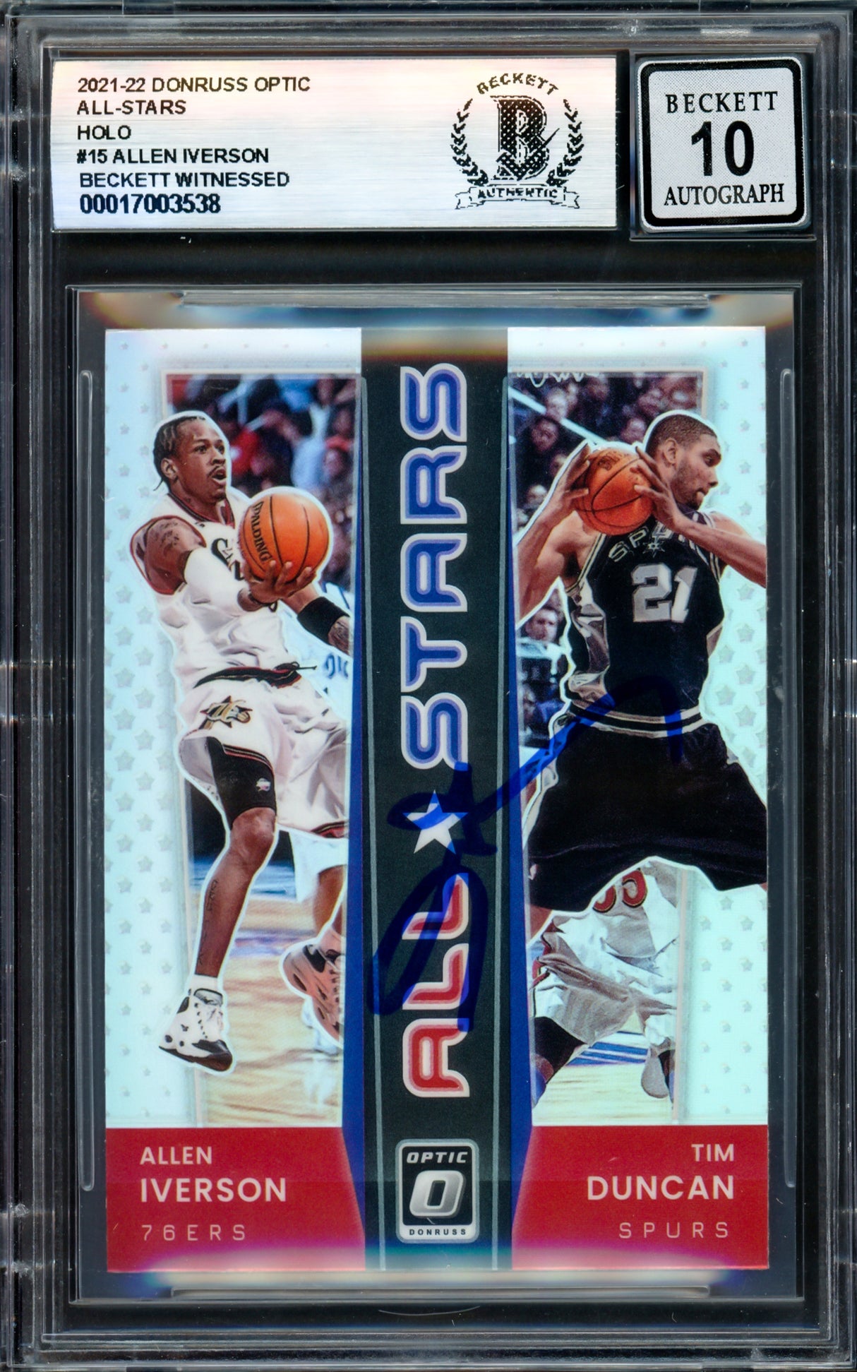 Allen Iverson Autographed 2021-22 Donruss Optic All-Stars Holo Card #15 Philadelphia 76ers Auto Grade Gem Mint 10 Beckett BAS Witness #17003538