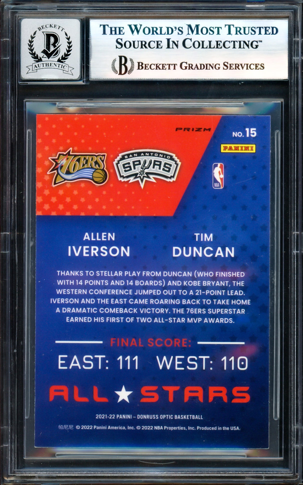 Allen Iverson Autographed 2021-22 Donruss Optic All-Stars Holo Card #15 Philadelphia 76ers Auto Grade Gem Mint 10 Beckett BAS Witness #17003538