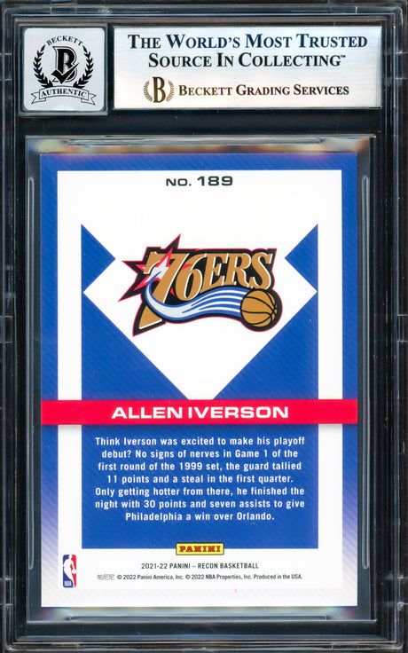 Allen Iverson Autographed 2021-22 Panini Recon Holo Recon Card #189 Philadelphia 76ers Auto Grade Gem Mint 10 #164/299 Beckett BAS Witness #17003593