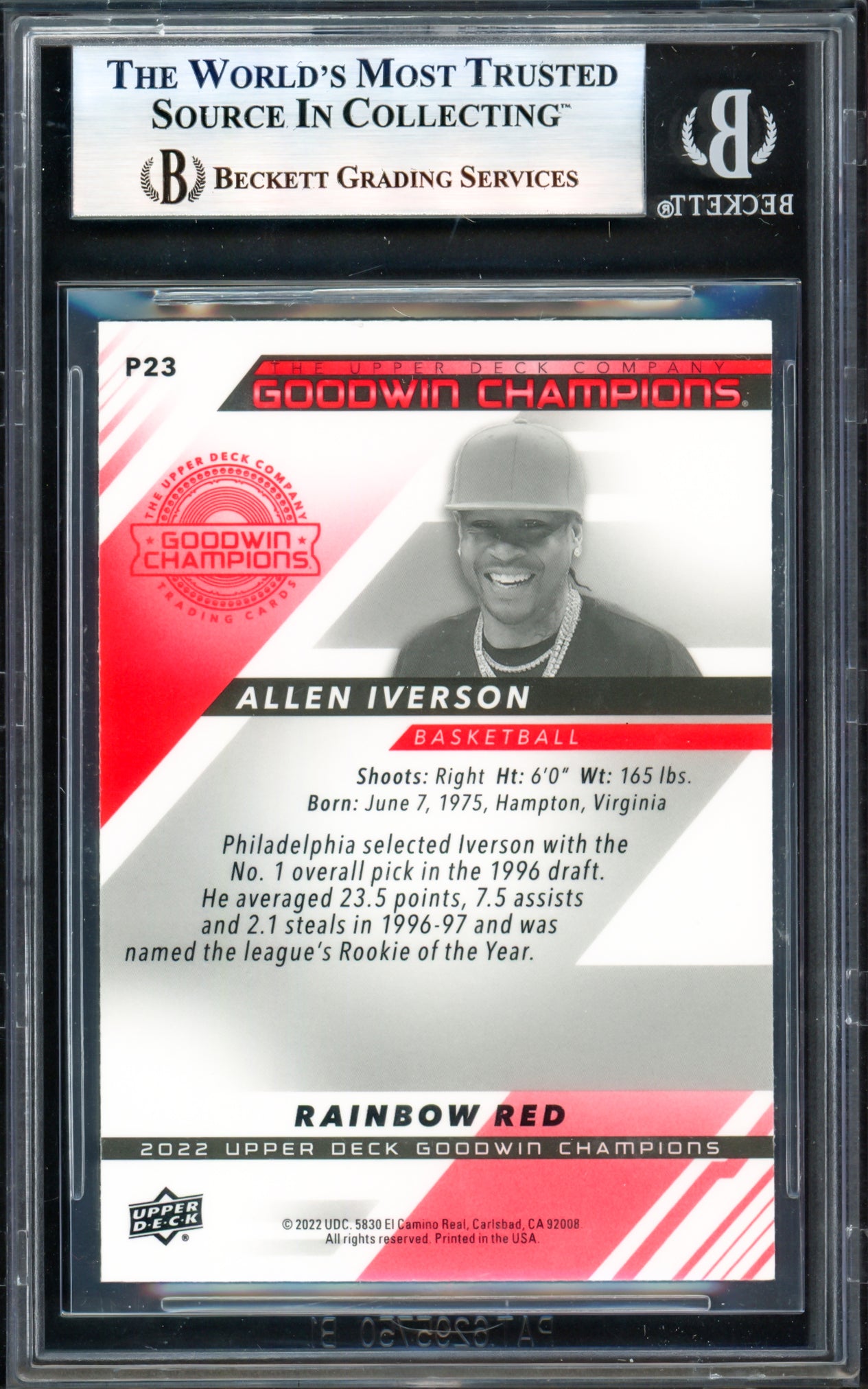 Allen Iverson Autographed 2022 Upper Deck Goodwin Champions Platinum Rainbow Red Card #P23 Philadelphia 76ers Beckett BAS Witness #17005751