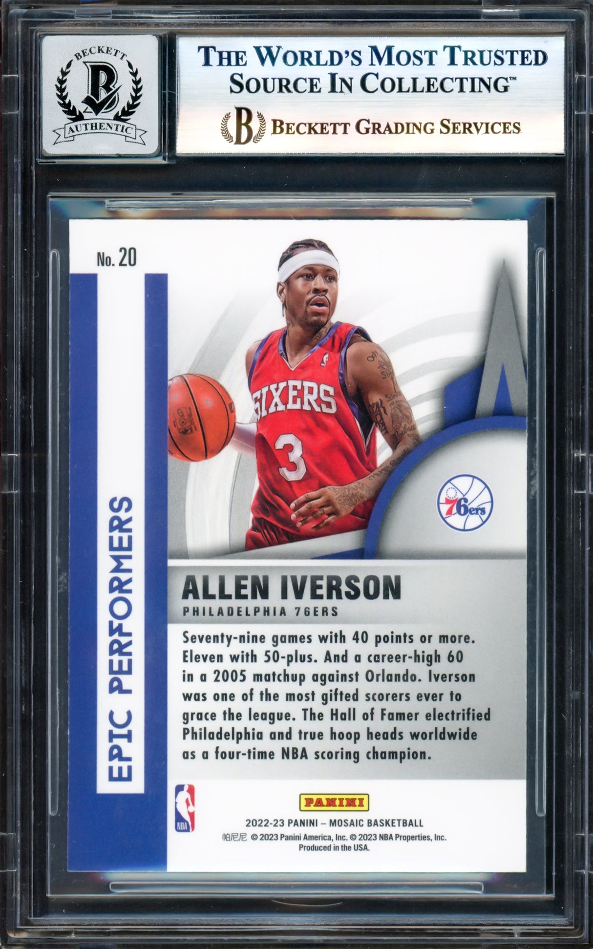 Allen Iverson Autographed 2022-23 Panini Mosaic Epic Performers Card #20 Philadelphia 76ers Auto Grade Gem Mint 10 Beckett BAS Witness #17003372