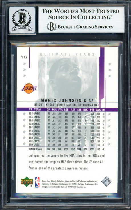 Magic Johnson Autographed 2003-04 Ultimate Collection Card #177 Los Angeles Lakers Auto Grade Gem Mint 10 #428/500 Beckett BAS #16911001