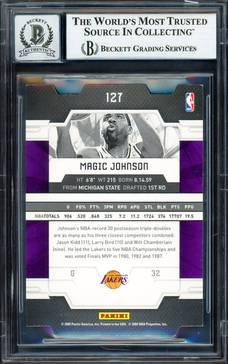 Magic Johnson Autographed 2009-10 Donruss Elite Status Card #127 Los Angeles Lakers Auto Grade Gem Mint 10 #67/68 Beckett BAS #16911518