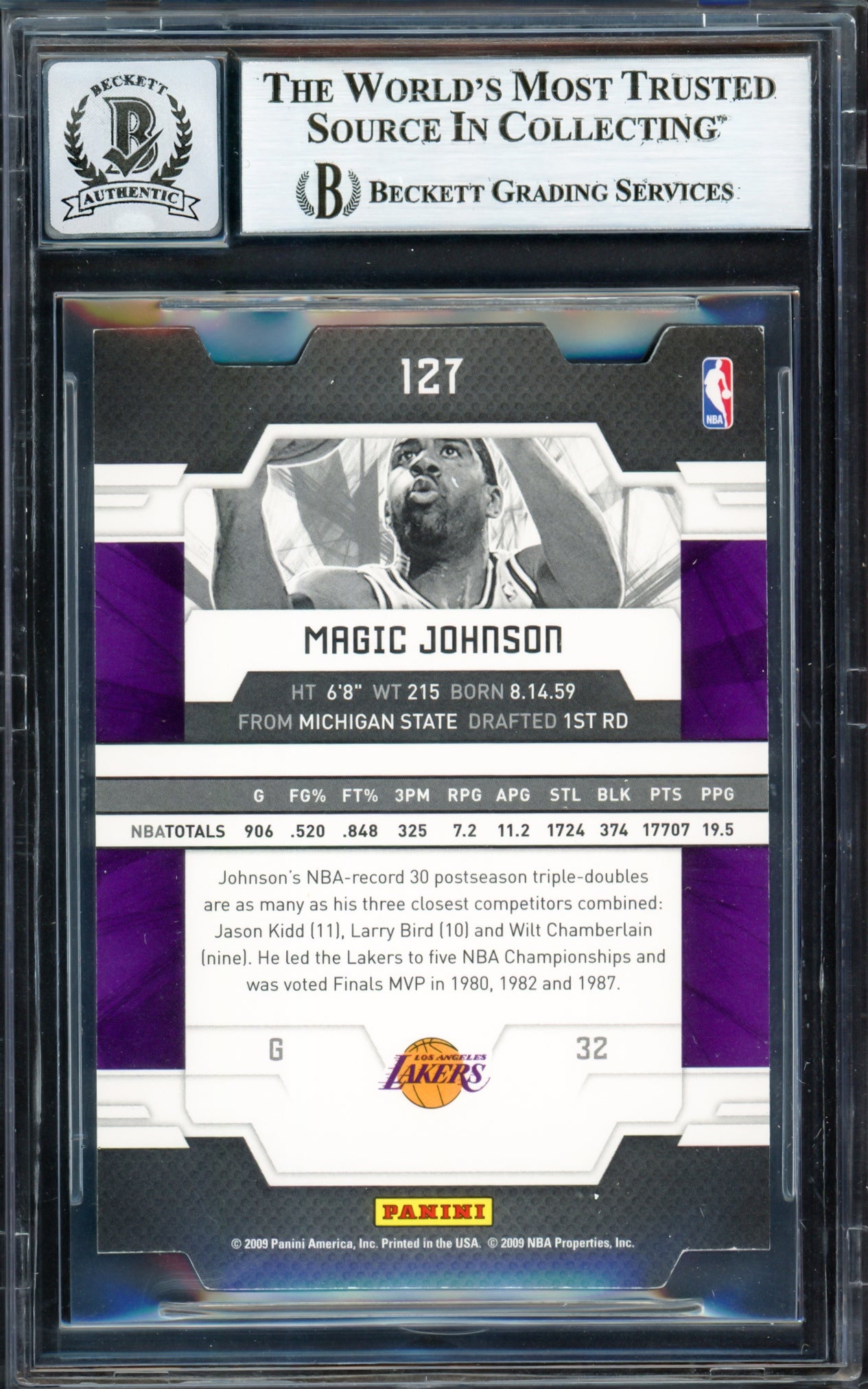 Magic Johnson Autographed 2009-10 Donruss Elite Status Card #127 Los Angeles Lakers Auto Grade Gem Mint 10 #47/68 Beckett BAS #16911517