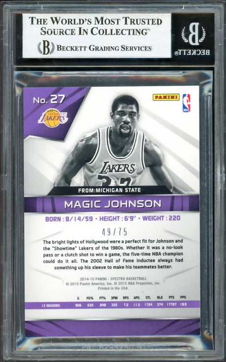 Magic Johnson Autographed 2014-15 Panini Spectra Card #27 Los Angeles Lakers #49/75 Beckett BAS #16912010