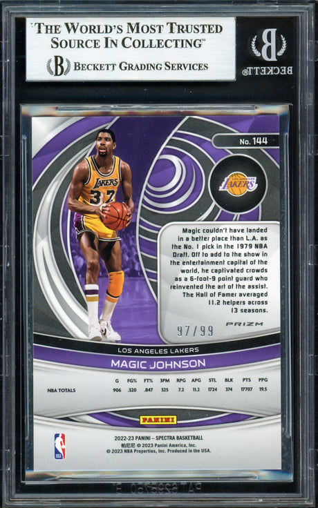 Magic Johnson Autographed 2022-23 Panini Spectra Interstellar Card #144 Los Angeles Lakers #97/99 Beckett BAS #16911982