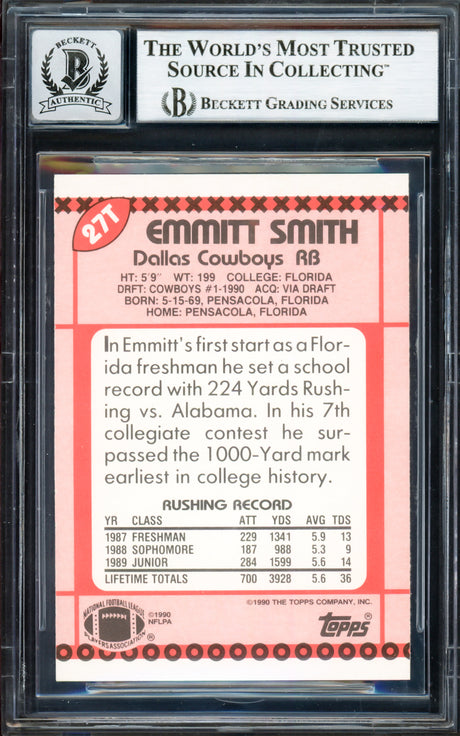 Emmitt Smith Autographed 1990 Topps Traded Rookie Card #27T Dallas Cowboys Auto Grade Gem Mint 10 Beckett BAS #16890432