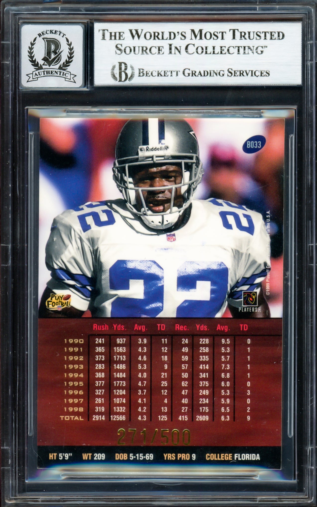 Emmitt Smith Autographed 1999 Playoff Prestige Spectrum Red Card #33 Dallas Cowboys Auto Grade Gem Mint 10 #271/500 Beckett BAS #16891200