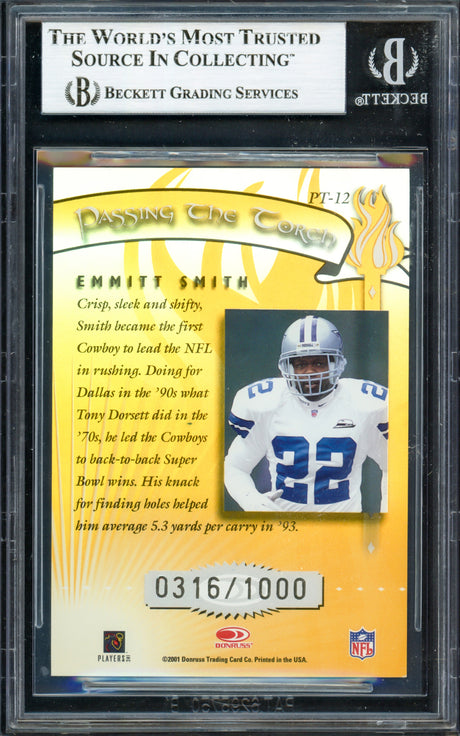 Emmitt Smith Autographed 2001 Donruss Elite Passing the Torch Card #PT12 Dallas Cowboys Auto Grade Gem Mint 10 #0316/1000 Beckett BAS #16901361