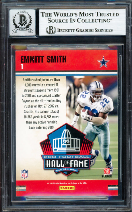 Emmitt Smith Autographed 2010 Classics Hall of Fame Card #1 Dallas Cowboys Auto Grade Gem Mint 10 Beckett BAS #16898205