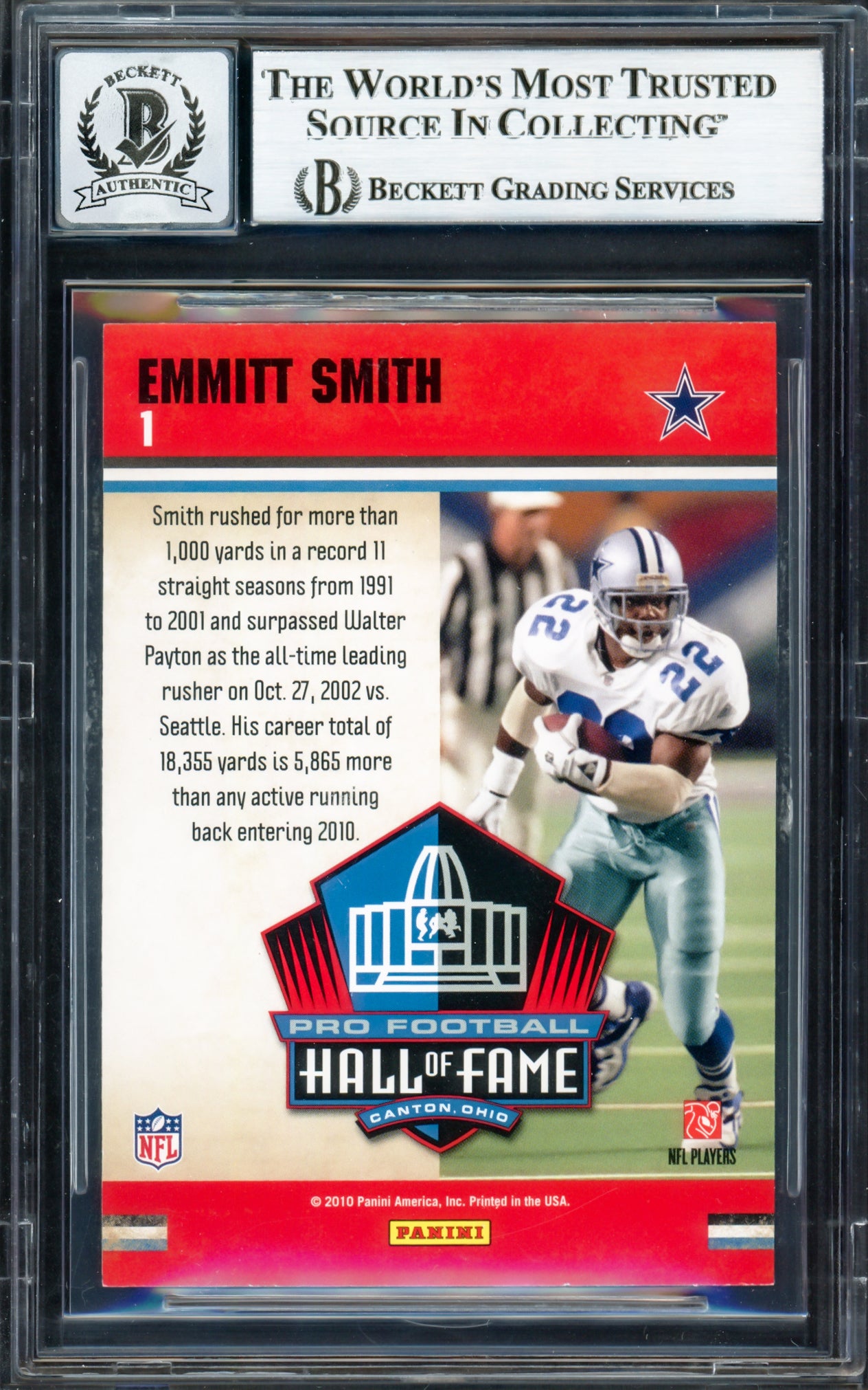 Emmitt Smith Autographed 2010 Classics Hall of Fame Card #1 Dallas Cowboys Auto Grade Gem Mint 10 Beckett BAS #16898204