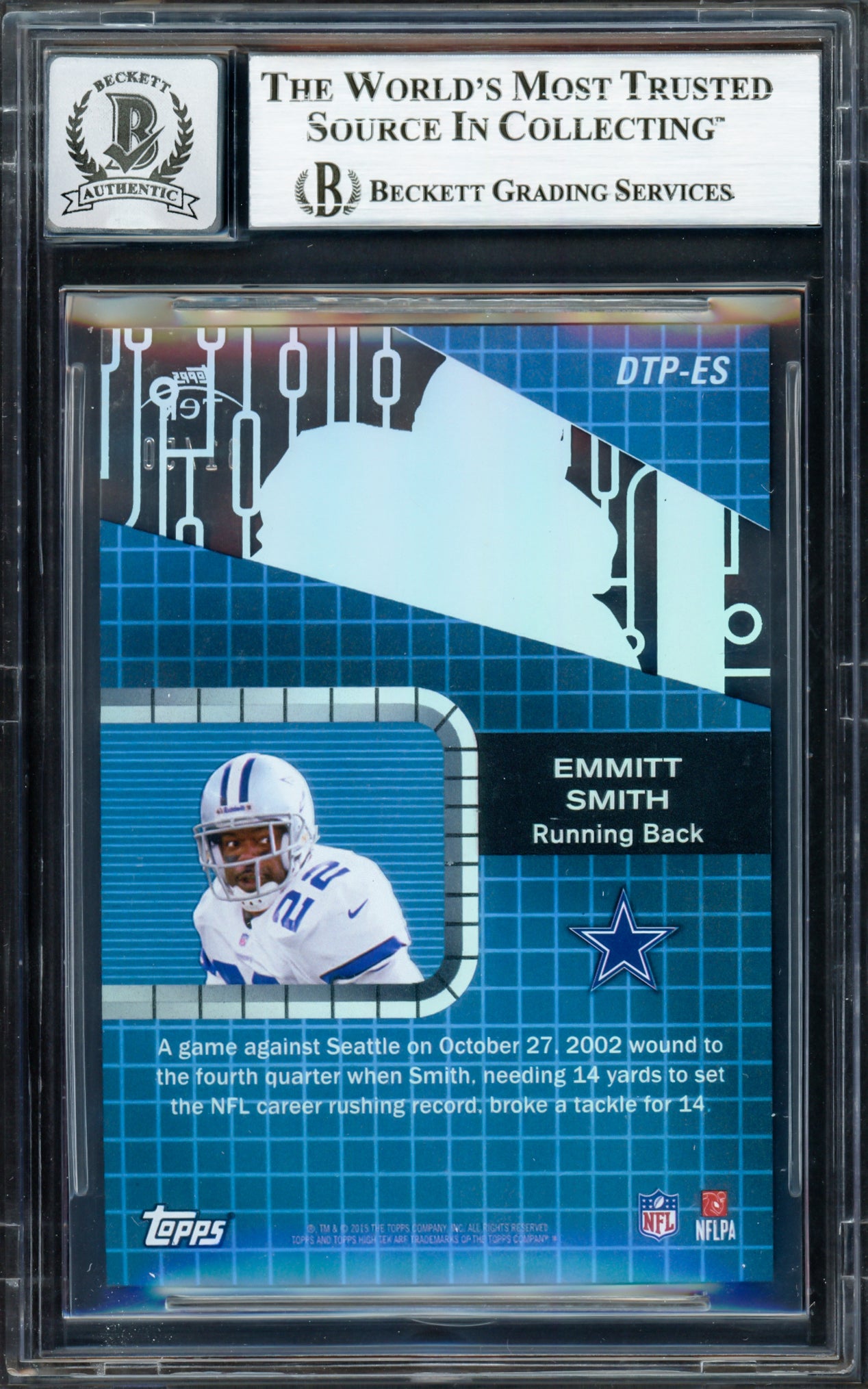 Emmitt Smith Autographed 2015 Topps High Tek Drama Tek Performers Card #DTPES Dallas Cowboys Auto Grade Gem Mint 10 #31/50 Beckett BAS #16898035