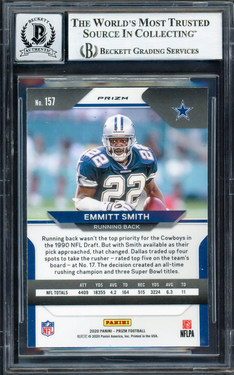 Emmitt Smith Autographed 2020 Panini Prizm Prizms Red White & Blue Card #157 Dallas Cowboys Auto Grade Gem Mint 10 Beckett BAS #16890435