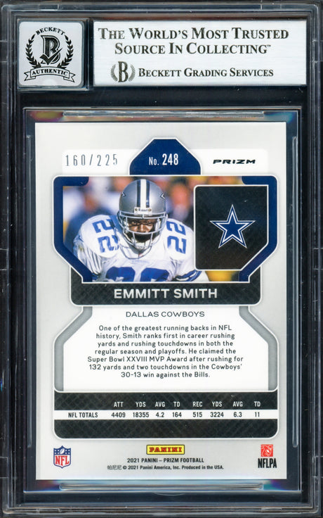 Emmitt Smith Autographed 2021 Panini Prizm Prizms Purple Ice Card #248 Dallas Cowboys Auto Grade Gem Mint 10 #160/225 Beckett BAS #16891034